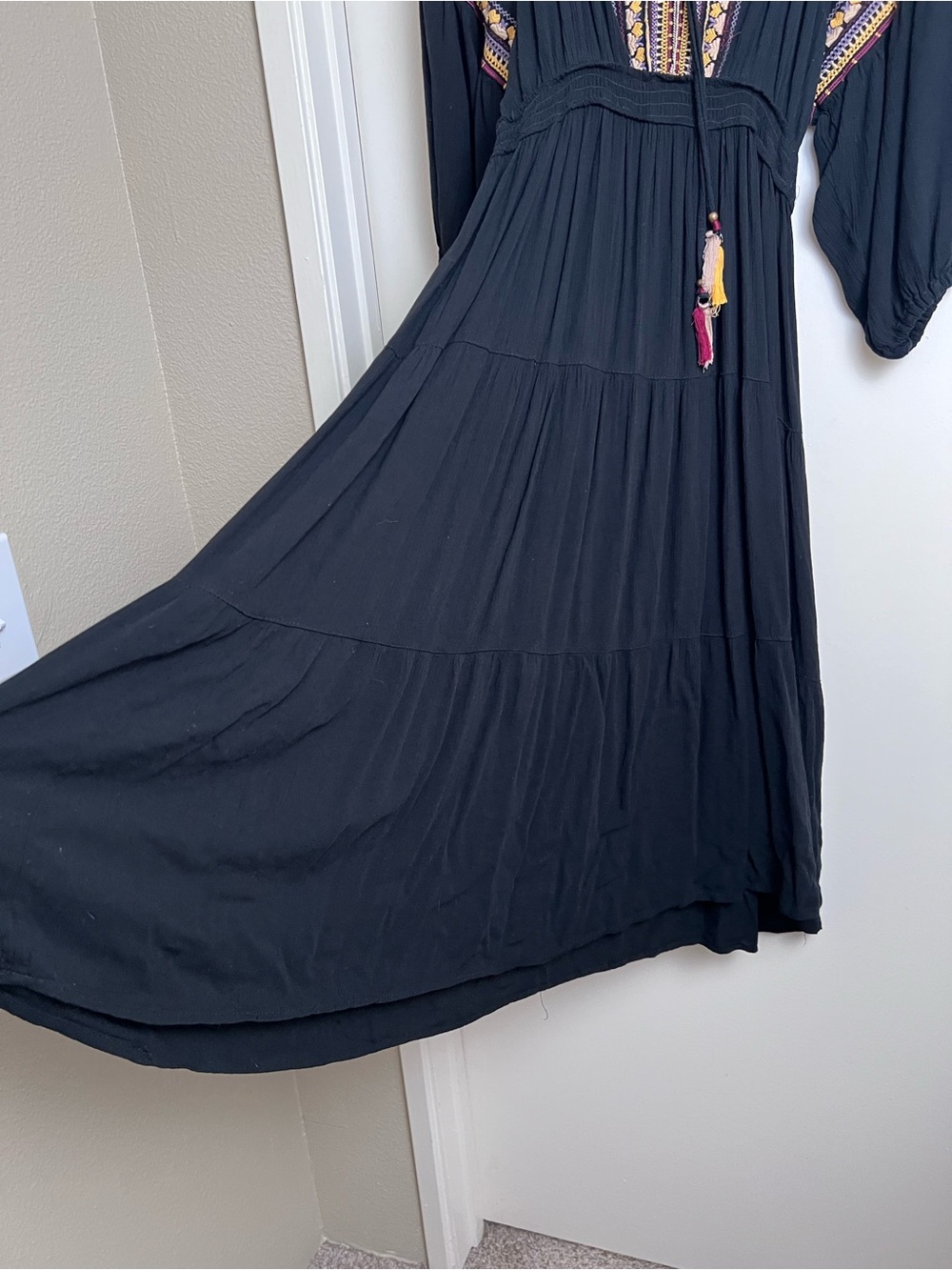 Angie Black Embroidered Boho Peasant Maxi Dress Tassel Tie Rayon Medium - Picture 6 of 8